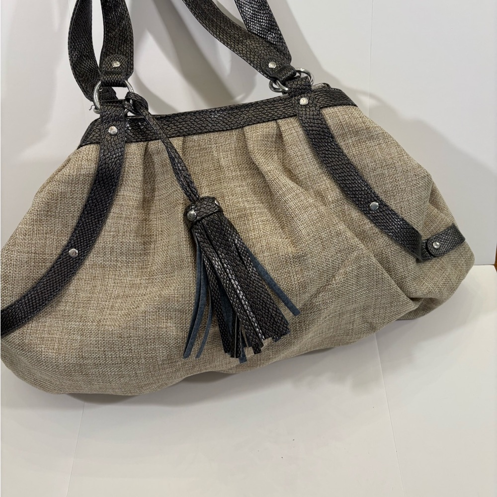 Usher Beige and Charcoal Shoulder Bag with Fringe